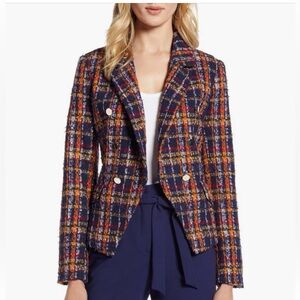 Halogen Navy Plaid Tweed Blazer with Red and Orange Accents